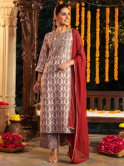 Janasya Women's Cream Georgette Yoke Zari Embroidered Ajarakh Printed Straight Kurta Set